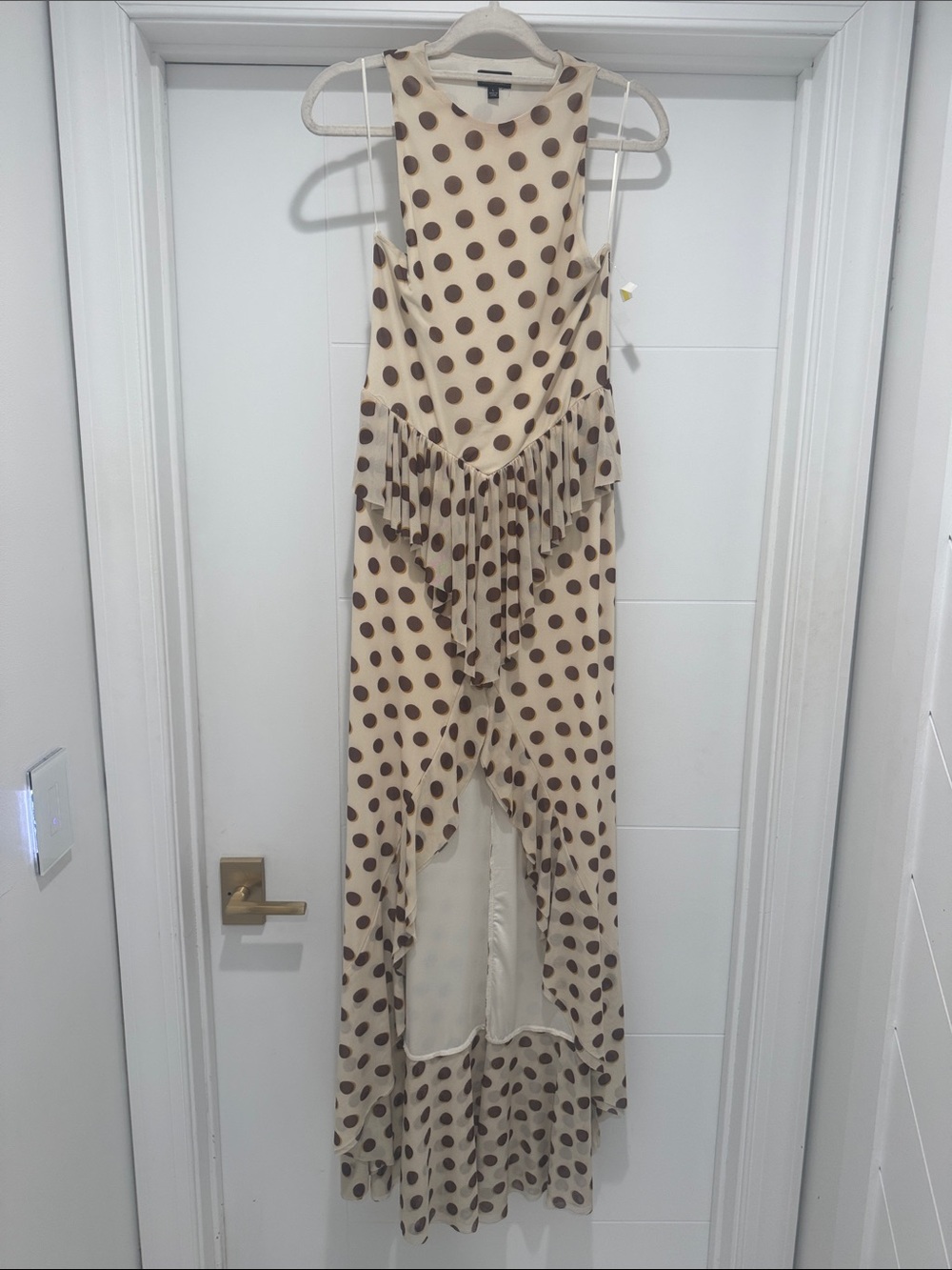AFRM Beige and Brown Polka Dot Sleeveless Dress with Ruffle Detail